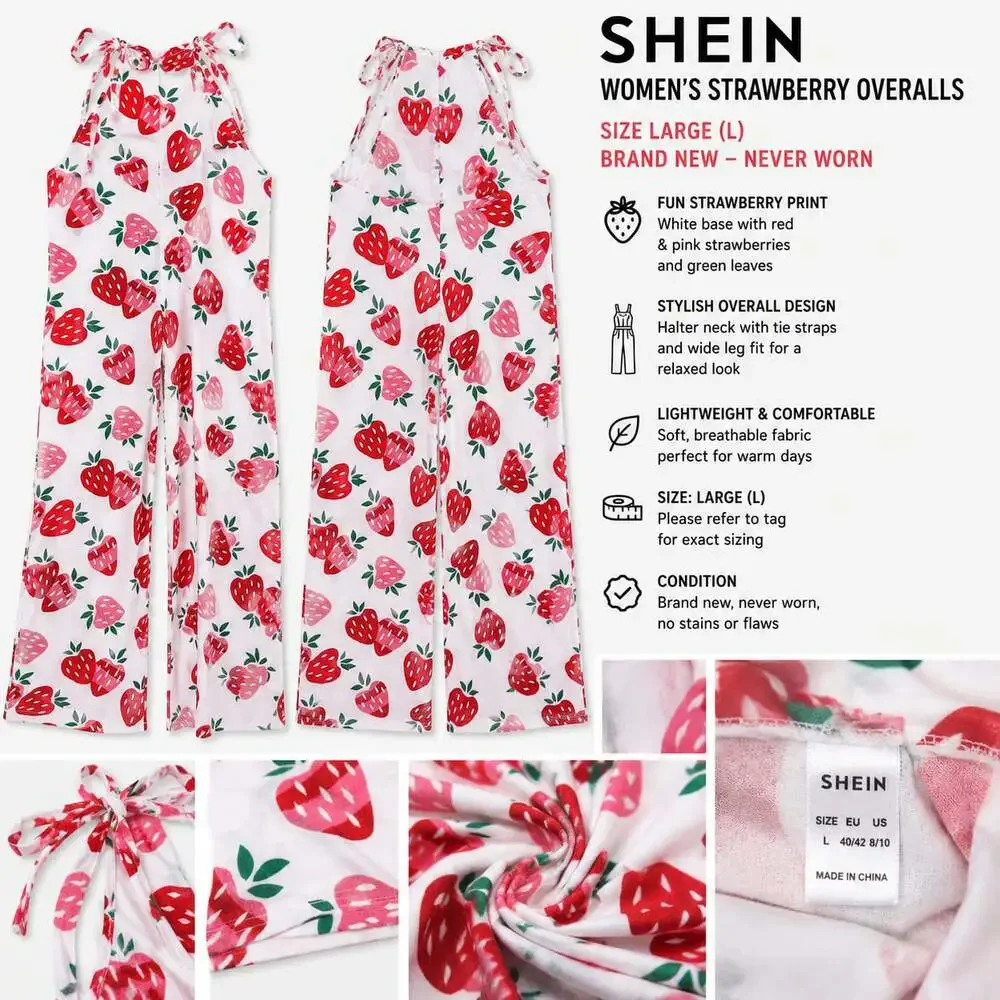 SHEIN Women's Strawberry Print Halter Neck Tie-Strap Wide-Leg Overalls